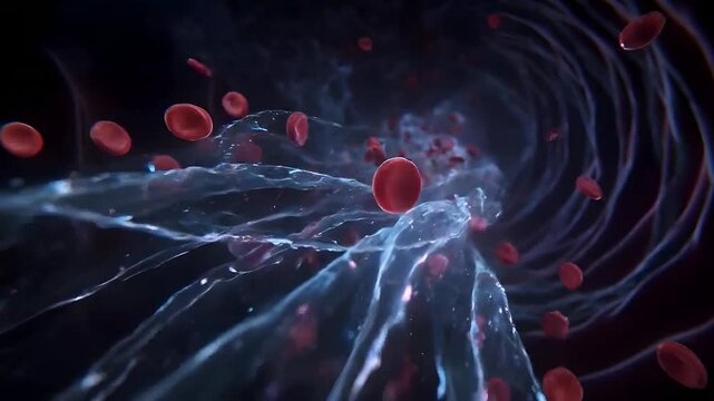 Dynamic digital rendering of red blood cells circulating within intricate organic pathways, symbolizing vital energy and the complex biological systems of life