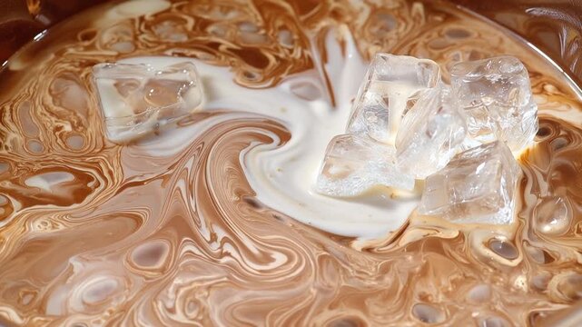 Cream pouring into iced beverage creating swirling abstract patterns