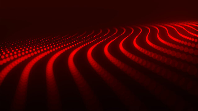 An abstract digital wave of particles. Dark background. Red glowing dots align in undulating arcs, creating an abstract flow of energy. Vector.