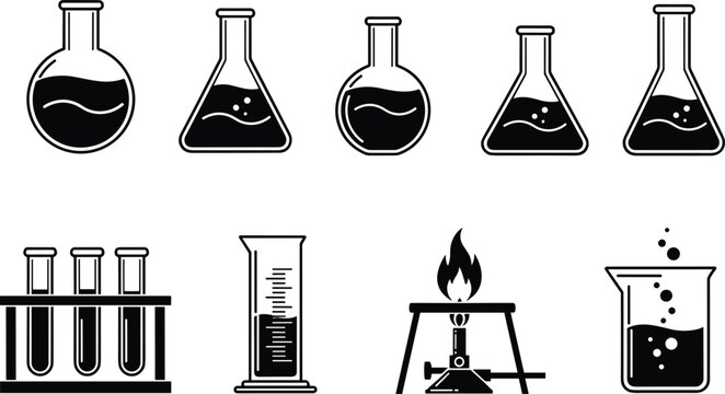 Laboratory and Chemistry Icons Set with Flasks, Test Tubes, Beakers, Bunsen Burner, and Chemical Reactions for Science, Research, and Experiments