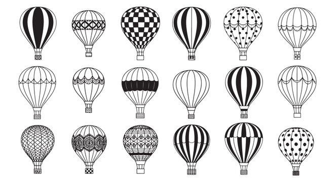 Black and White Hot Air Balloon Icon Set &mdash; Vintage Balloon Silhouettes and Decorative Patterns