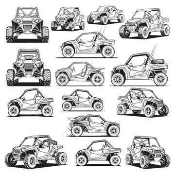 Collection of Off-Road Buggy and UTV Side‑by‑Side Vector Illustrations and Dune Buggy Sketches