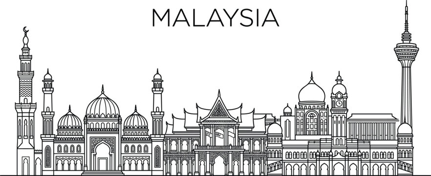 Malaysia skyline vector illustration featuring Kuala Lumpur landmarks with Sultan Abdul Samad Building and Menara KL tower outline,