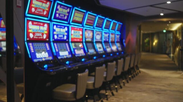 Colorful casino slot machine row with soft blurred bokeh lights and glossy chairs, defocused gaming terminals in a casino interior background; background backplate copyspace calm.