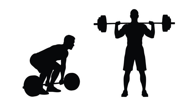 Weightlifting poses showing a squat and clean jerk silhouette