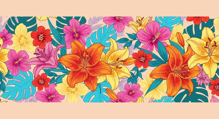Colorful seamless tropical pattern with exotic flowers and leaves. A vibrant botanical design featuring lilies, hibiscus, and monstera foliage, ideal for textiles, backgrounds, and summer decor © Simon