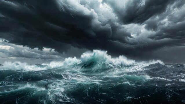Churning sea with cresting waves under low heavy storm clouds