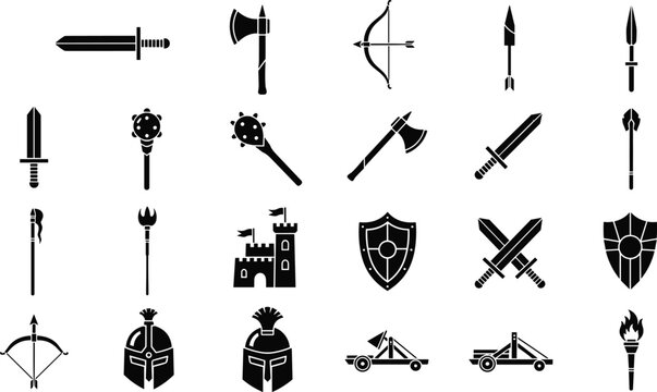 Medieval Weapons and Armor Icons Set with Swords, Axes, Shields, Bows, Spears, Helmets, Catapults, and Castle for Historical, Fantasy, and Battle Themes