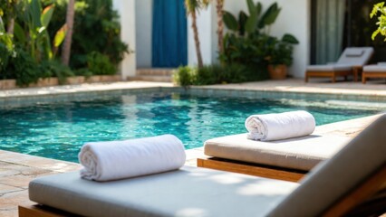 Obraz premium Pool loungers with rolled towels beside outdoor swimming pool