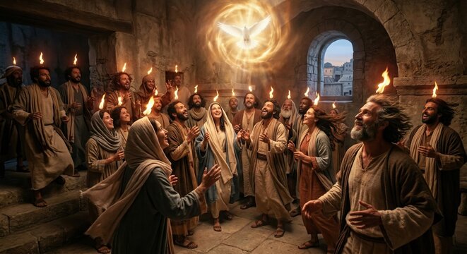 Group of ancient people experience divine spiritual event with light