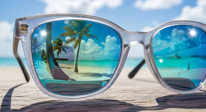Sunglasses on a beach with a tropical island view through the lenses