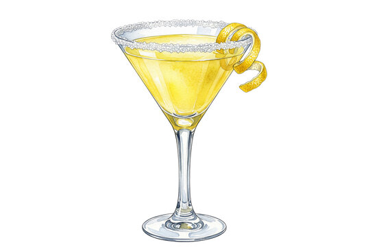 isolated watercolor illustration of a lemon drop martini with sugared rim on transparent background