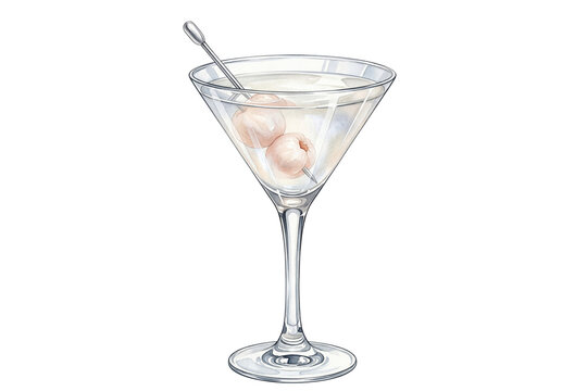 watercolor illustration of an elegant lychee martini cocktail on a transparent background