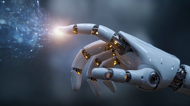 Artificial Hand Connection: A close-up showcases a mechanical hand extending a finger towards a radiant cluster of digital information, symbolizing the bridge between technology and data. 