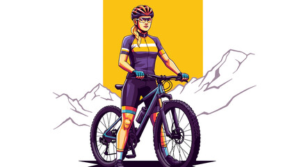 Obraz premium Female cyclist posing on mountain bike with yellow background 