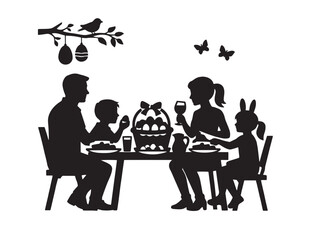 Fototapeta premium Easter family dinner silhouette vector, festive holiday meal with parents and children, spring celebration graphic resource, black and white illustration of family gathering