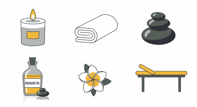 Spa and wellness icons candle towel stones oil flower massage bed