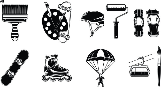 Recreational Sports Equipment Icons Set with Skateboard, Roller Skates, Helmet, Parachute, Ski Lift, Paint Brush, and Protective Gear for Extreme Sports and Activities