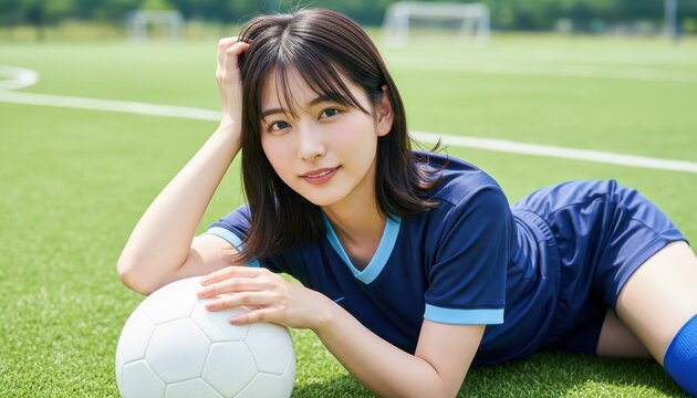グラウンドに寝転びサッカーボールに手を添えて微笑む女性選手