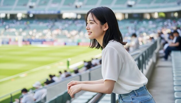 スタジアムの最前列の手すりにもたれてサッカー観戦する女性