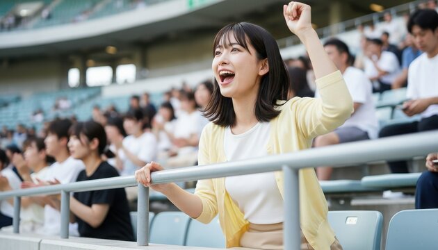 スタジアムの観客席で手を挙げて歓声をあげる女性