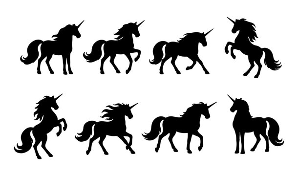 Black unicorn silhouette collection, 8 mythical horse vector elements, magical creatures in various poses, fantasy animal silhouettes for logo design