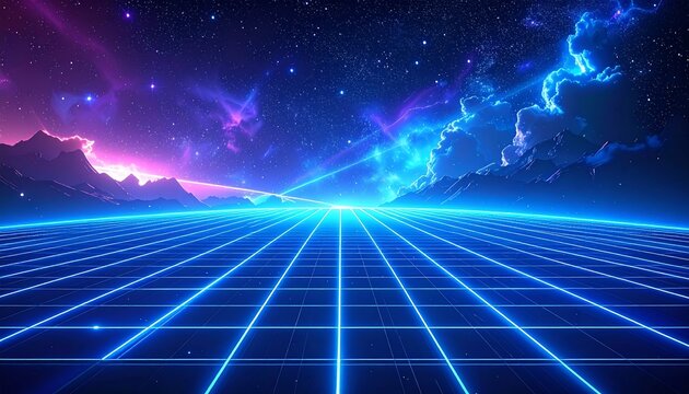 Futuristic neon grid in dark space with glowing blue lines