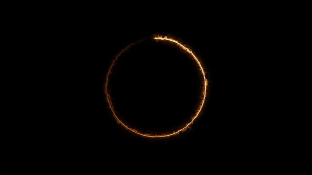 Abstract burning fire ring motion graphic animation of orange electrical energy circle rotating on black background