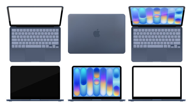 Photorealistic detailed New Apple Macbook NEO 2026 Indigo mockup pack. Front, rear and top view isolated on transparent background. Vector editorial PNG