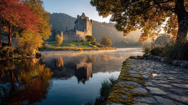 Golden Hour Over a Medieval Fortress and its Misty Moat in Fall