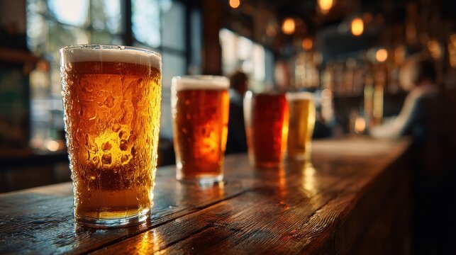 Draught beer in varied glasses on a rustic wooden bar with warm pub lighting