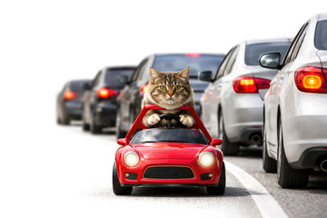 Fototapeta premium A cat in a red toy car in a traffic jam. Space for text.