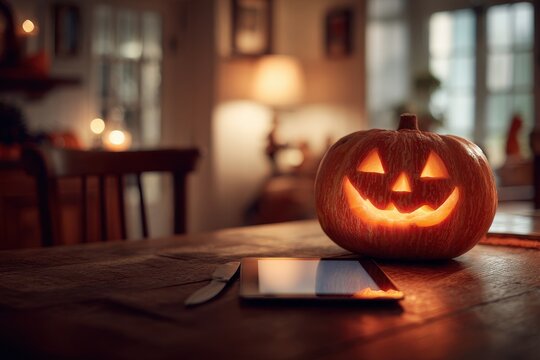 Autumn Halloween setup: glowing pumpkin beside a tablet on a rustic wooden table at home
