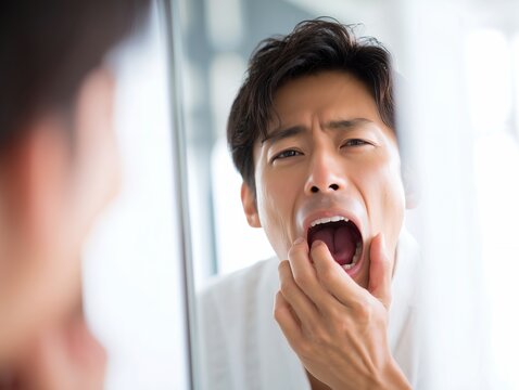 鏡を見ながら口の中の状態や歯の健康を真剣にチェックする清潔感のある若い日本人男性