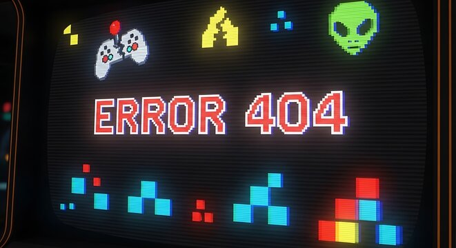 Error 404 message with pixel art elements on a retro screen.
