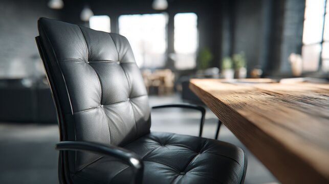 Executive's Comfort and Workspace: A high-end black leather executive chair sits next to a polished wooden desk in a modern, sunlit office space, suggesting productivity and success.