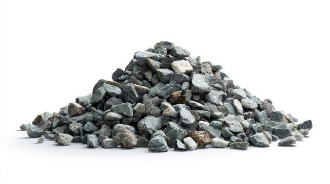 Isolated pile of gray gravel for construction and landscaping on white backdrop