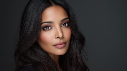 Naklejka premium Elegant studio portrait of a brunette Asian Indian woman with warm tones and refined presence