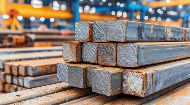 Stack of square metal billets in industrial factory warehouse