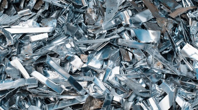 Overhead view of shiny aluminum scrap metal pieces in heap