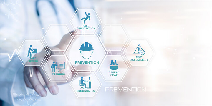 Digital infographic displaying hexagonal icons for workplace safety and prevention concepts with a hand interacting with the interface