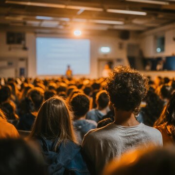 Students seated in a lecture hall listening to a presentation with a projector visible at the front