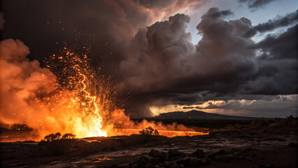Fototapeta premium Volcanic Eruption with Lava Sparks and Smoke at Dusk
