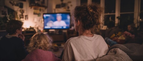 Obraz premium Family sitting on a sofa together watching TV in a cozy living room setting
