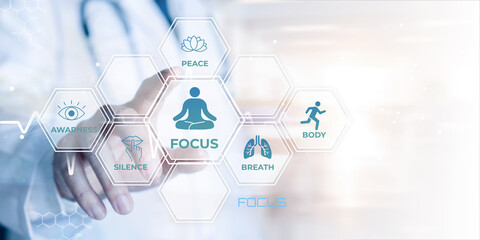 Fototapeta premium Doctor interacting with digital interface showing health and wellness icons for mindfulness and wellbeing concepts