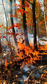 Forest Fire Burning Trees with Flames and Smoke Environmental Disaster Scene