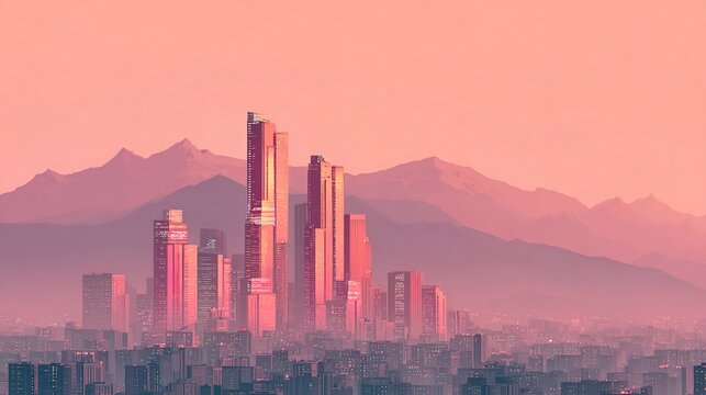 Crimson City Skyline: A breathtaking panorama of a modern cityscape, bathed in a mesmerizing crimson hue, rises gracefully against a backdrop of majestic mountains.