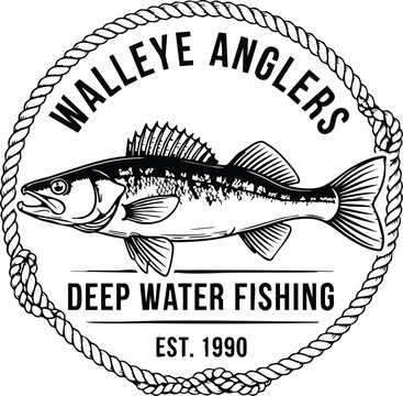 Walleye anglers deep water fishing vintage emblem vector