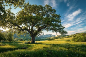 Fototapeta premium Golden hour scene: grand oak spreading shade across a blooming meadow