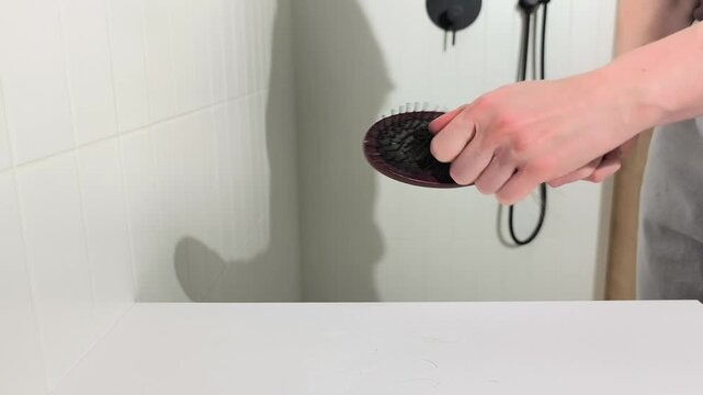 Hand removes hair from comb in closeup view at home. Person cleans brush pulling strands showing hair loss detail. Hygiene routine and care concept in domestic environment